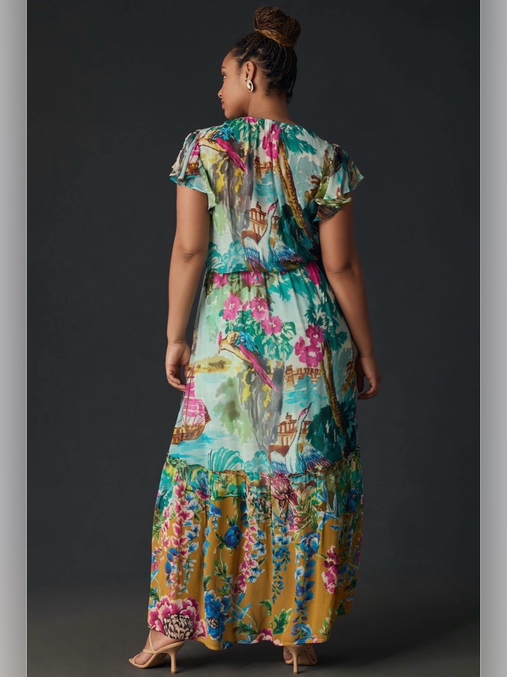 Anthropologie Floral Flutter Sleeve Maxi Dress Colorful Tropical Bird 2X Plus - Picture 2 of 7